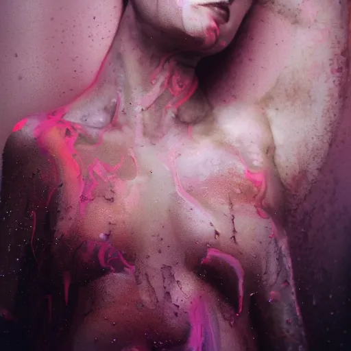 Image similar to beautiful female body silhouette, beautiful portrait, photography by amy leibowitz and filip fedorov, urban city photography, close up portrait, cinematic still, film still, magic hour, dark mood, cold colors, sony, kodak, long exposure, art noveau painting, liquid marble fluid painting, neon glow