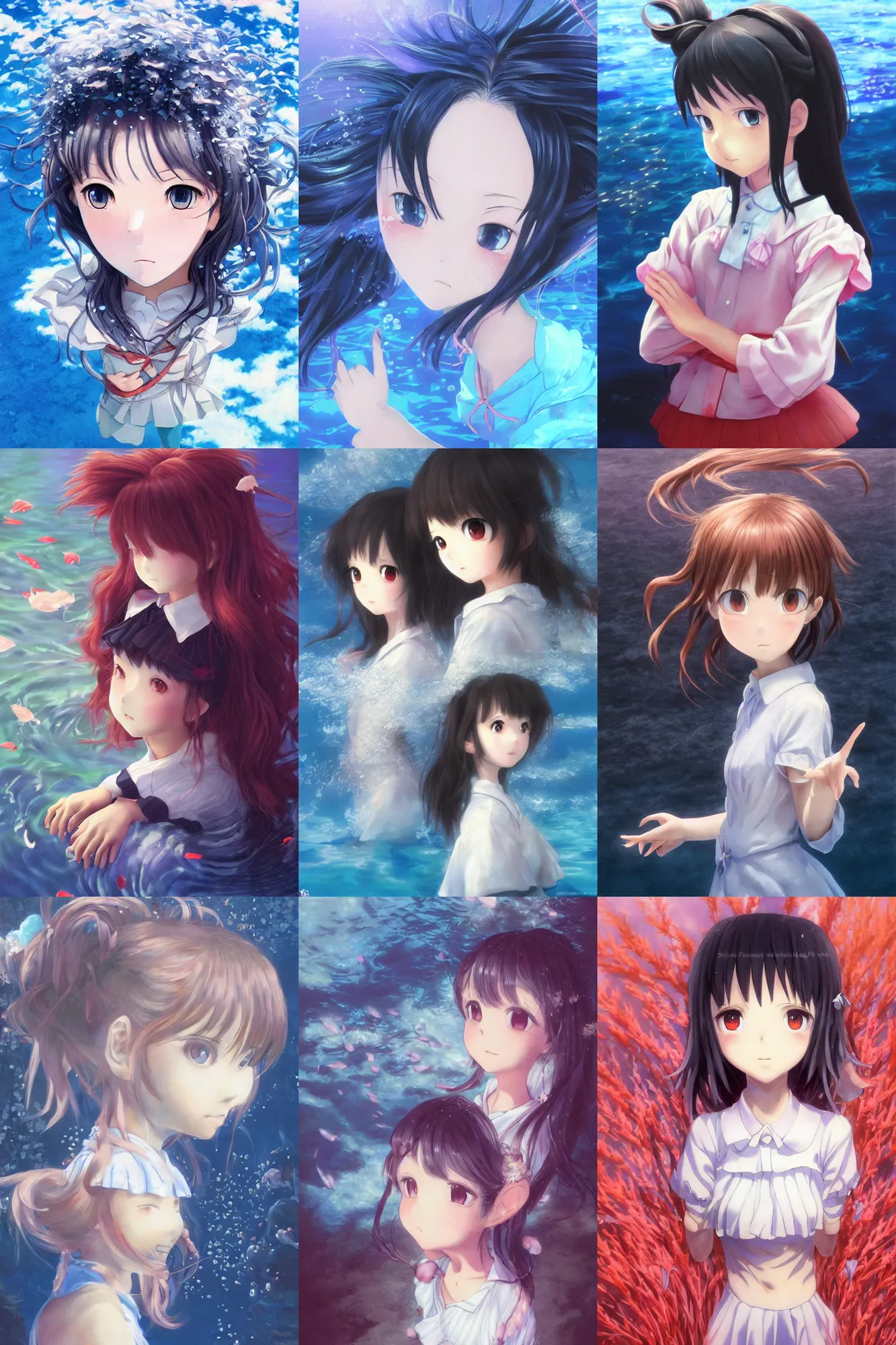 Prompt: 3d infrared render portrait of beauty 3d anime schoolgirl ruffled friends hair art by hiro kiyohara. underwater water. school best friends. ultra cutest face and dark hair. dramatic light, trending on artstation, art by hayao miyazaki oil painting.