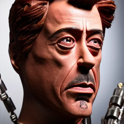 Prompt: animatronic Robert Downey Jr, exposed mechanics, photo, Stan Winston studios, detailed, 4k