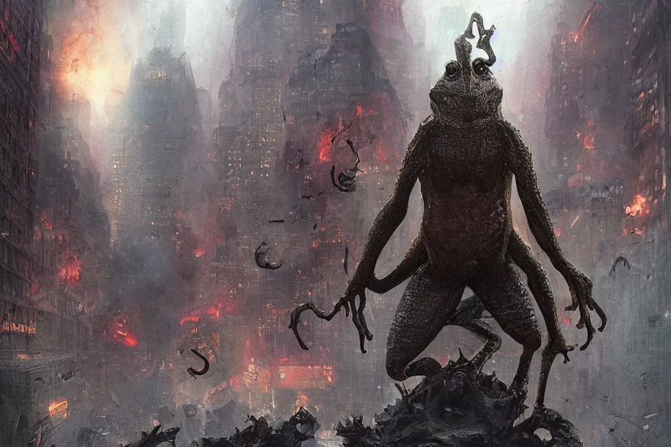 Image similar to apocalyptic frog monster destroys New York, character art by Greg Rutkowski