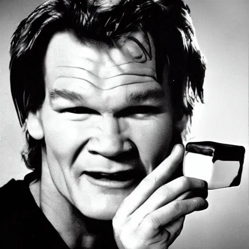 Image similar to patrick swayze eating! a cola cube, high quality photograph,