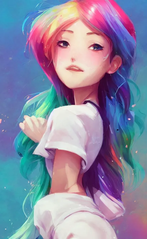 Image similar to a kawaii woman with rainbow hair, happy, summer time, soft eyes and narrow chin, dainty figure, long hair straight down, kawaii shirt and jeans, basic white background, In style of by Jordan Grimmer and greg rutkowski, crisp lines and color