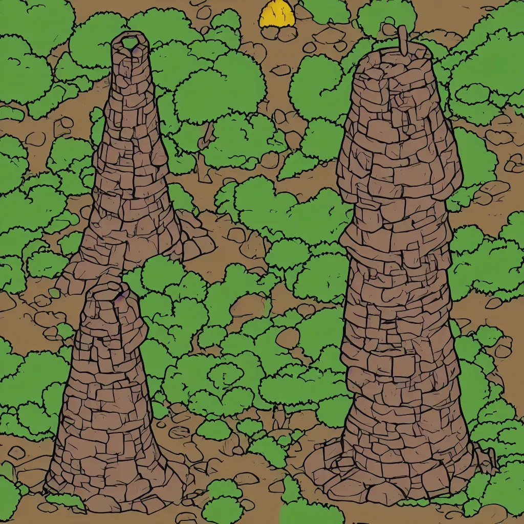 Image similar to ground, tree, rock and wizard tower, on a lineart tileset