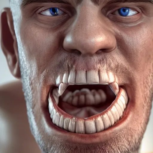 Image similar to extreme closeup photo of a man with a very wide open mouth with a skull inside his mouth, 3D render,subsurface scattering,global illumination,raytracing,studio lighting,cinematic,photorealistic,4k, UHD, HDR