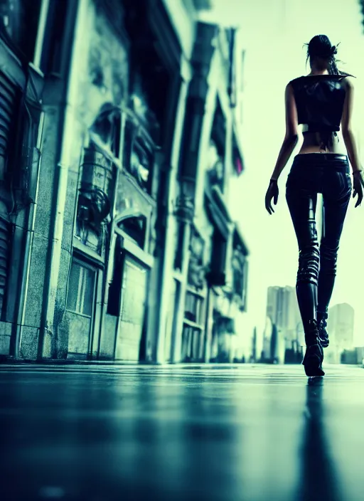 Image similar to beautiful photo of a beautiful woman walking through a ( ( ( cyberpunk city ) ) ), full body, hyper realistic, 8 k, dslr, 3 mm, highly detailed photograph