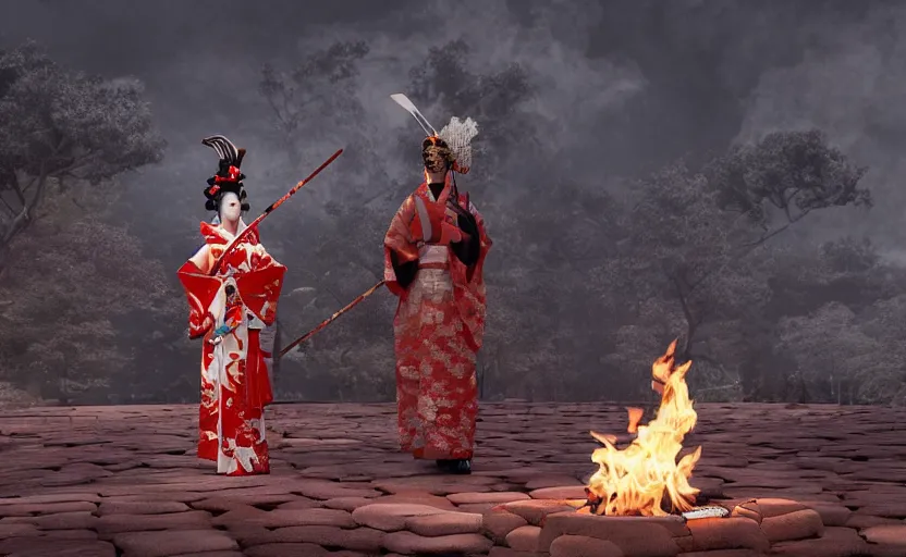 Image similar to highly detailed 3 d render of native japanese masked geisha with sword standing in burning japanese courtyard from sengoku period, fire, surrounded by dense rock formations, blue night, cinematic lighting, photobash, raytracing, high contrast