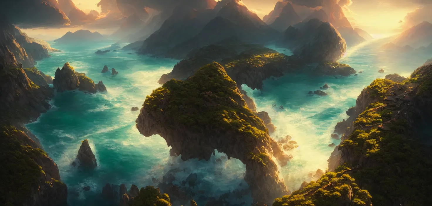 Image similar to nature landscape, aerial view, drone photography, cinematic, mountains and ocean, cinematic view, epic sky, detailed, concept art, low angle, high detail, warm lighting, volumetric, godrays, vivid, beautiful, trending on artstation, by jordan grimmer, huge scene, art greg rutkowski