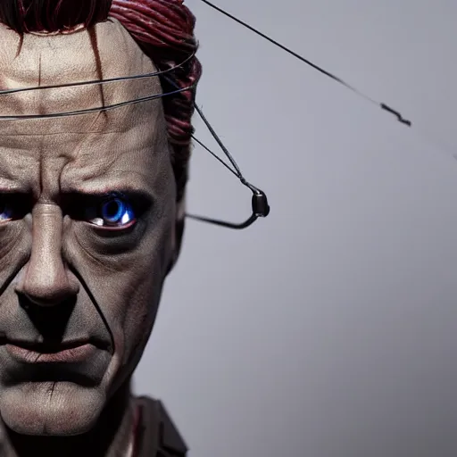 Image similar to animatronic Robert Downey Jr, exposed wires, photo, Stan Winston studios, detailed, 4k