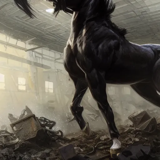 Prompt: splash art of a muscular black - coated anthropomorphic horse character wearing tactical kevlar fabric standing in rubble, long white mane visible, exaggerated muscles, highly detailed, furry, furaffinity, digital painting, artstation, sharp focus, illustration, art by artgerm, greg rutkowski, alphonse mucha