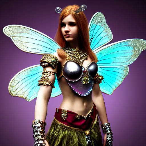 Image similar to photo of a real-life beautiful fairy with bejewelled armour , highly detailed, 4k