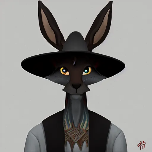 Image similar to anthropomorphic jackrabbit harengon with black skin, wearing stylized monk robes and a wide brimmed hat, digital art featured on artstation