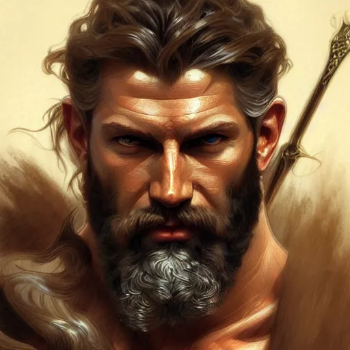 Image similar to portrait of rugged zeus, greek god d & d, muscular, fantasy, intricate, elegant, highly detailed, digital painting, artstation, concept art, smooth, sharp focus, illustration, art by artgerm and greg rutkowski and alphonse mucha