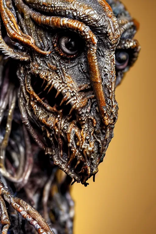 Prompt: photo taken of an epic intricate, ultra detailed, super realistic gritty, wet, slimy, lifelike sculpture of a nightmarish hellish insectoid creature created by weta workshop, zoomed in shots, photorealistic, sharp focus, white wall coloured workshop, extremely cold blueish colour temperature, f 0. 4, face centred, golden ratio, golden hour