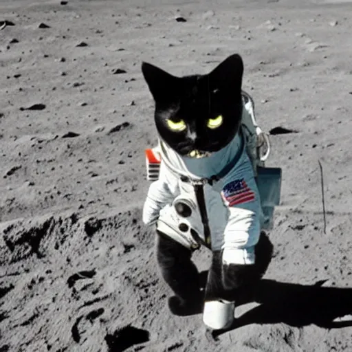 Prompt: cat wearing a spacesuit while walking on the moon