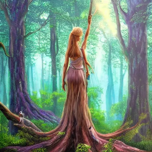 Prompt: a hyperrealistic acrylic painting of a fantasy scene where a little fairy is standing on top of a branch of a huge tree in a magical forest. Twilight. Epic fantasy art. Surreal.