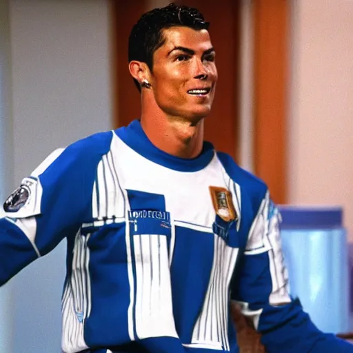 Image similar to a photograph still of Cristiano Ronaldo starring in a 1990s sitcom, 15mm