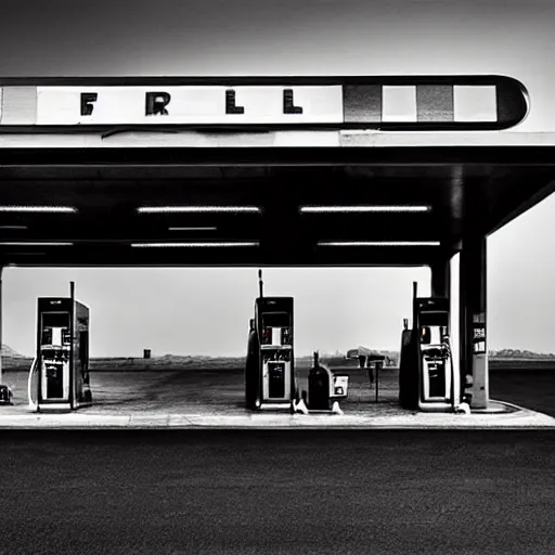 Image similar to a fuel station in the style of a 1 9 2 0 s sci - fi poster, reuben wu, roger deakins, h 1 0 2 4