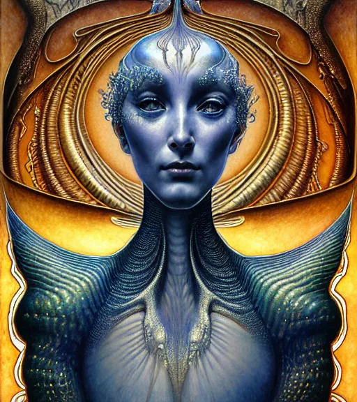 Image similar to detailed realistic beautiful young cher alien robot as queen of andromeda galaxy portrait by jean delville, gustave dore and marco mazzoni, art nouveau, symbolist, visionary, baroque giant fractal details. horizontal symmetry by zdzisław beksinski, iris van herpen, raymond swanland and alphonse mucha. highly detailed, hyper - real, beautiful