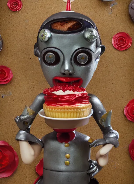 Image similar to closeup portrait of tin toy spring - heeled jack eating cakes, depth of field, zeiss lens, detailed, symmetrical, centered, fashion photoshoot, by nicoletta ceccoli, mark ryden, lostfish, earl nore, hyung tae, frank frazetta, breathtaking, 8 k resolution, extremely detailed, beautiful, establishing shot, artistic, hyperrealistic, octane render