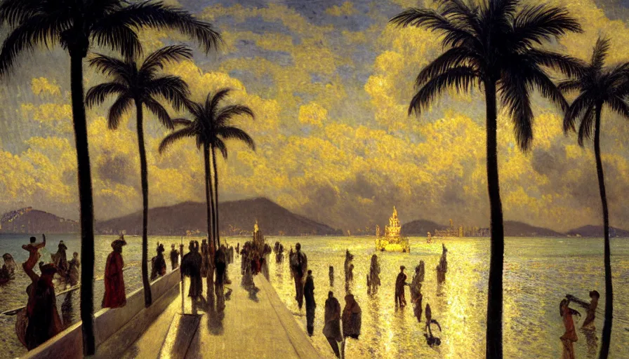 Image similar to a ultradetailed beautiful painting of the thunder sky of the rio de janeiro palace balustrade designed by jules bastien - lepage, tarsila do amaral, frank weston and gustave baumann, beach, trending on artstation, mediterranean, palm trees, sharp focus, lightning sparkles refraced lines, soft light, 8 k 4 k