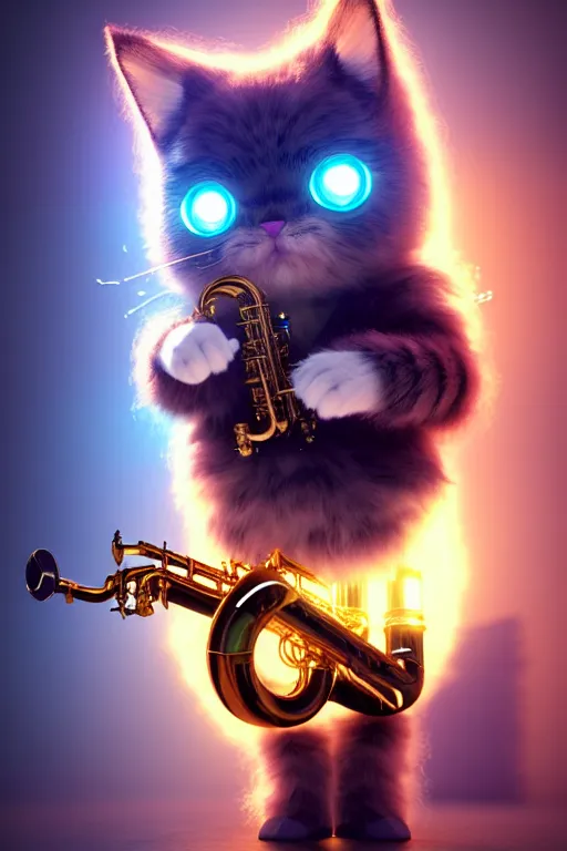 Prompt: high quality 3 d render very cute fluffy cyborg! cat plays saxophone, cyberpunk highly detailed, unreal engine cinematic smooth, in the style of blade runner & detective pikachu, hannah yata charlie immer, moody light, low angle, uhd 8 k, sharp focus