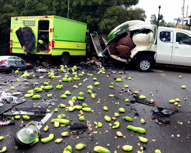 Image similar to photo of an avocado truck accident that overturned and spilled tons of avocados on the floor that people are picking up