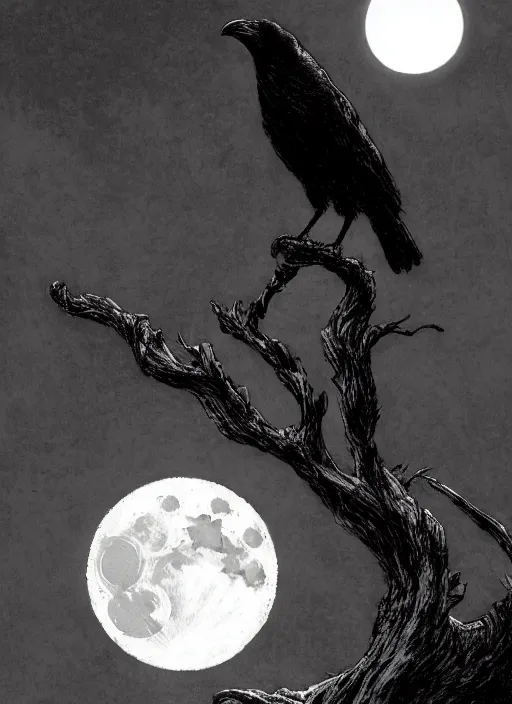 Image similar to crow on tree in front of the full big moon, dramatic lighting, cinematic, establishing shot, extremely high detail, foto realistic, cinematic lighting, pen and ink, intricate line drawings, by Yoshitaka Amano, Ruan Jia, Kentaro Miura, Artgerm, post processed, concept art, artstation,