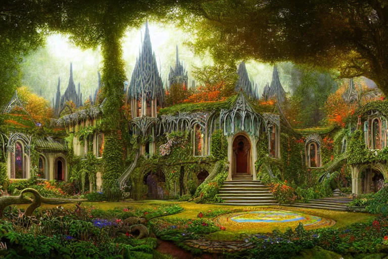 Prompt: a beautiful and highly detailed digital painting of an elven palace in a beautiful garden in a mystical forest, nargothrond, psychedelic patterns, celtic designs, intricate details, epic scale, cgsociety, 8 k, sharp focus, hyperrealism, by caspar friedrich, albert bierstadt, james gurney, brian froud,