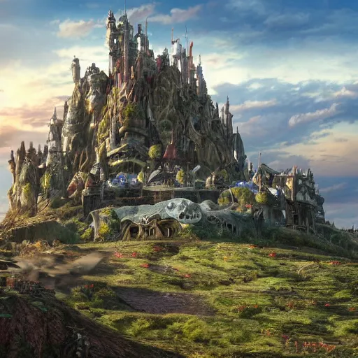 Prompt: large fantasy castle covering the top of the giant tortoise moving across harsh wasteland with sharp rays of sunlight, mortal engines howls moving castle, distant - mid - shot, fantasy, hyper detailed, 4 k