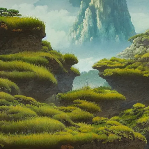 Prompt: detailed painting of a lush natural scene on an alien planet by tojiro oshita. beautiful landscape. weird vegetation. cliffs and water.