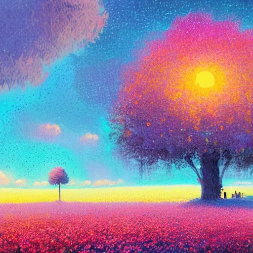 Image similar to girl becoming flower, standing in a flower field, big trees, sunrise dramatic light, impressionist painting, colorful clouds, digital painting, pointillism, artstation, simon stalenhag