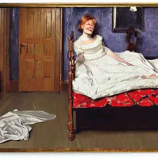 Image similar to painting of emma stone!!! on a victorian bed in a big old room, wide shot by lucian freud