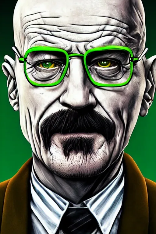 Prompt: walter white as the joker, green hair, photorealistic, highly detailed,