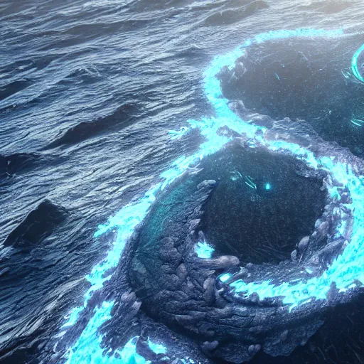 Image similar to top down view of an alien ocean with sea serpent emerging on top of it, detailed, cinematic lighting, storm is happening, unreal engine 4 render, artstaion