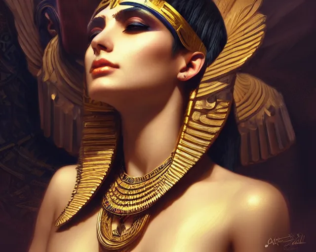 Image similar to photography of cleopatra in egypt, deep focus, intricate, elegant, highly detailed, digital painting, artstation, concept art, matte, sharp focus, illustration, art by artgerm and greg rutkowski and alphonse mucha
