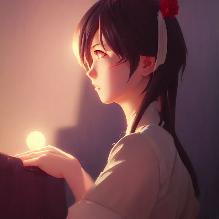 Image similar to a potrait of anime girl, my dress up darling anime, fine details, night setting, realistic shaded lighting poster by ilya kuvshinov, katsuhiro, artgerm, jeremy lipkin, michael garmash, nixeu, unreal engine 5, radiant light, detailed and intricate environment