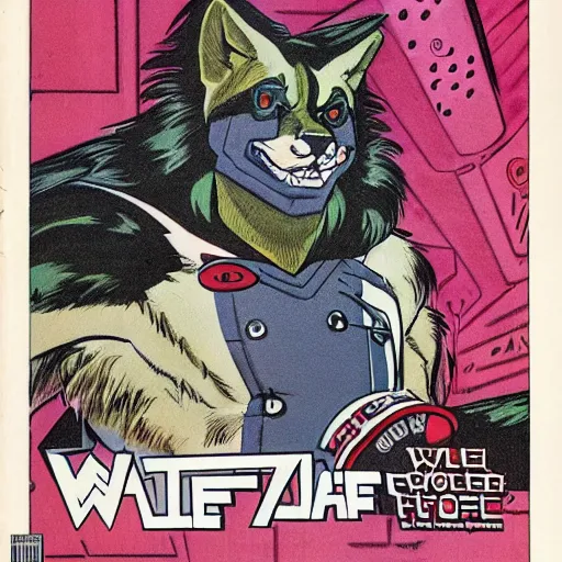 Image similar to 1 9 8 0 s comic book cover scan featuring a portrait of villain male wolf o'donnell anthropomorphic wolf furry fursona from starfox wearing a dark space mercenary uniform, dark grey wolf, handsome eyes, wolf o'donnell