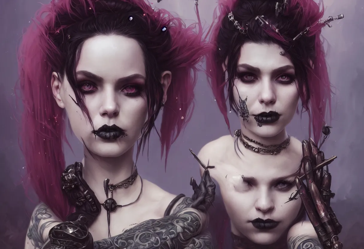 Prompt: beautiful extreme closeup portrait, goth girl, piercings collar, mohawk hairstyle, medieval dress. witch, makeup. unreal engine, greg rutkowski, loish, rhads, beeple, tom bagshaw, alphonse mucha, global illumination, detailed and intricate environment