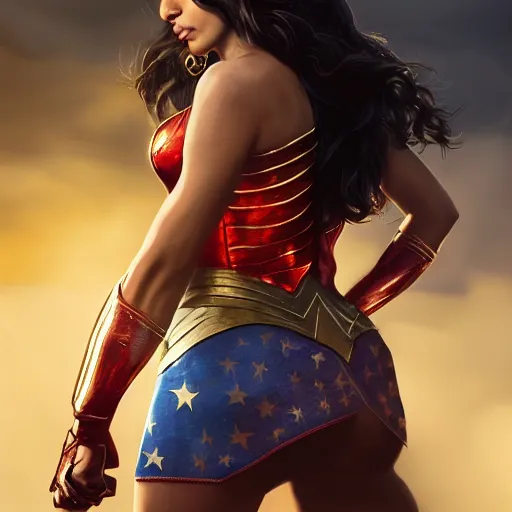 Prompt: a potrait of Mia Khalifa as Wonder Woman by Greg Rutkowski, Sung Choi, Mitchell Mohrhauser, Maciej Kuciara, Johnson Ting, Maxim Verehin, Peter Konig, Zack Snyder, 8k photorealistic, cinematic lighting, HD, high details, dramatic, trending on artstation, full body shot