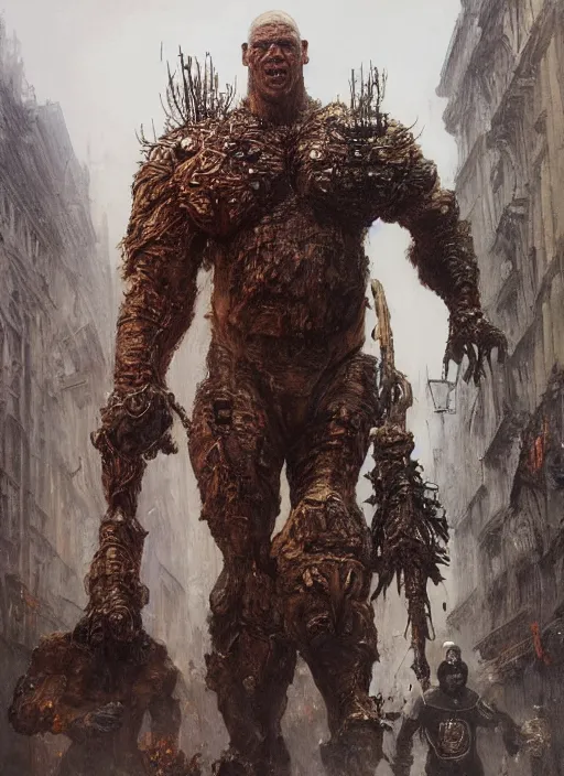 Image similar to full body portrait of martyn ford as huge towering bipedal horror beast with bulbous torso flaming hair wearing armour walks down city street, people flee, painted by ruan jia, raymond swanland, lawrence alma tadema, zdzislaw beksinski, norman rockwell, jack kirby, tom lovell, alex malveda, greg staples