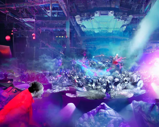 Image similar to Jumping Rumpelstilzchen smashing computers, group of people on stage playing instruments, aquatic stage effects, dust, smoke, giant LED screens, colored projections, ultrafine detail, cybersuit, smoke, high contrast, projections, holography, dimmed lighting, cinematography by Jim Jarmusch