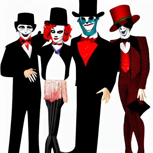 Image similar to the joker wearing a black suit with red tie, wearing a fedora, standing next to a 20's flapper, prom pictures, amateur photography