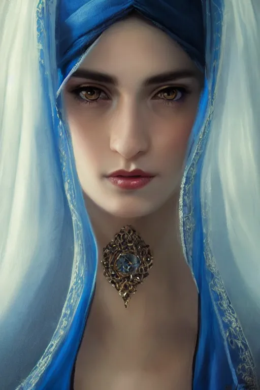 Image similar to arab Ameera al-Taweel, bright blue eyes, black hair, simple white veil, closeup, focus face, elegant, highly detailed, centered, oil painting, artstation, concept art by tom bagshaw