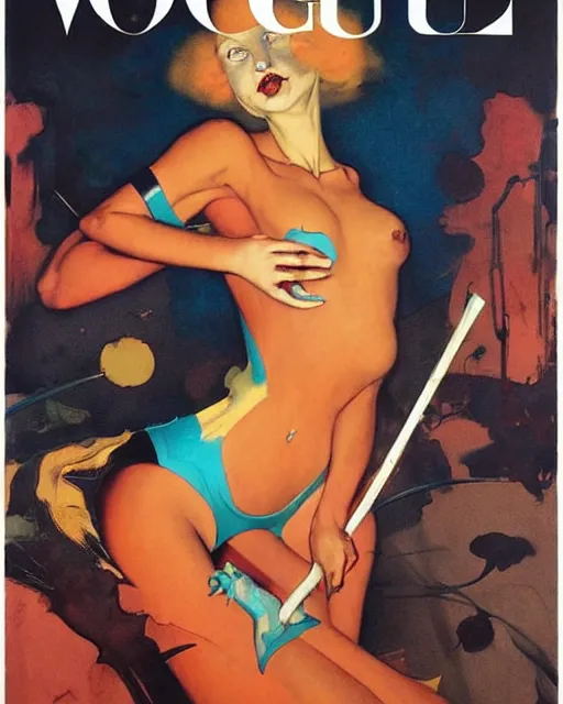 Prompt: vogue cover by francis bacon and norman rockwell and james jean, surreal, greg hildebrandt, and mark brooks, triadic color scheme, by greg rutkowski, syd mead and edward hopper and norman rockwell and beksinski, lingerie, dark surrealism, orange and turquoise