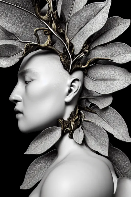 Prompt: monochrome close - up profile face, black background, beautiful porcelain vegetal - dragon - cyborg - female, beautiful natural soft rim light, silver gold details, magnolia leaves and stems, roots, mandelbot fractal, elegant, hyper real, ultra detailed, white metallic armour