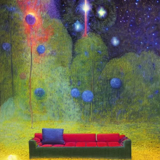 Image similar to psychedelic couch sofa in the lush forest, milky way, designed by arnold bocklin, jules bastien - lepage, tarsila do amaral, wayne barlowe and gustave baumann, cheval michael, trending on artstation, mediterranean, star, sharp focus, colorful refracted sparkles and lines, soft light, 8 k 4 k