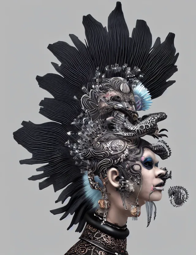 Image similar to 3 d goddess close - up profile portrait punk with mohawk with ram skull. beautiful intricately detailed japanese crow kitsune mask and clasical japanese kimono. betta fish, jellyfish phoenix, bio luminescent, plasma, ice, water, wind, creature, artwork by tooth wu and wlop and beeple and greg rutkowski