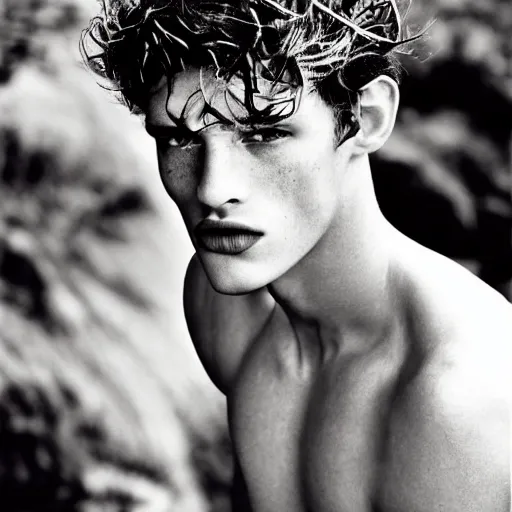 Image similar to a beautiful professional photograph by herb ritts and ellen von unwerth for vogue magazine of a beautiful lightly freckled and unusually attractive and handsome male fashion model looking at the camera in a flirtatious but intelligent and thoughtful way, leica 5 0 mm f 1. 8 lens