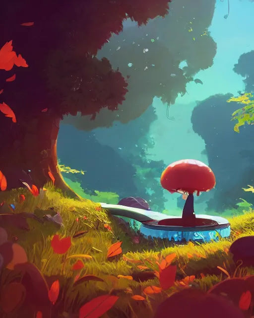 Image similar to a giant caterpillar taking a bath in a well with lush vegetation around in autumn, cory loftis, james gilleard, atey ghailan, makoto shinkai, goro fujita, character art, rim light, exquisite lighting, clear focus, very coherent, plain background, soft painting