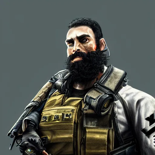 Image similar to a portrait of a blackbeard , rainbow six siege, military , game concept art, illustration, modern warfare, HDR, natural light, shoulder level shot, dynamic pose, award winning photograph, Mucha style, 8k,